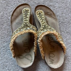 Sam Edelman Gold and Tan Beaded Sandals
